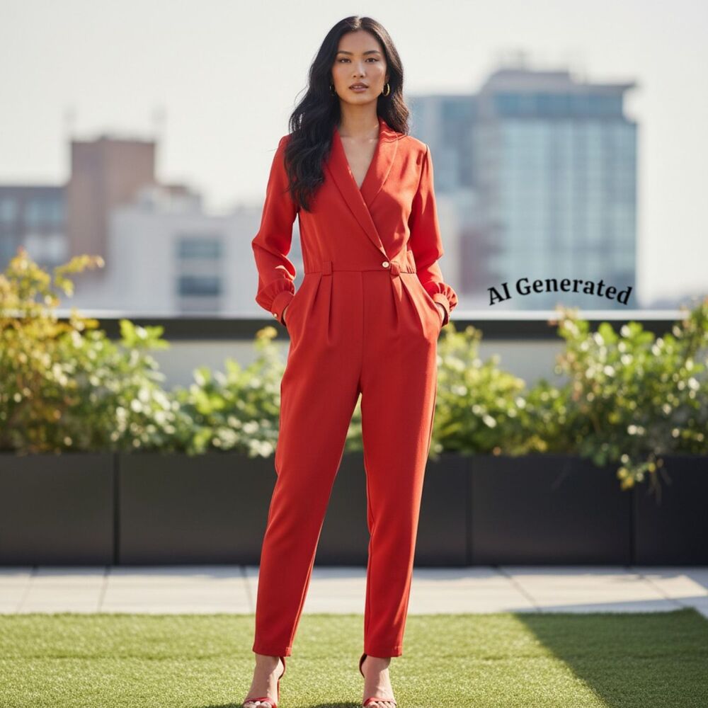 Vintage Chaus 1980s Red Jumpsuit Small Shawl Collar Power Suit Made in Korea